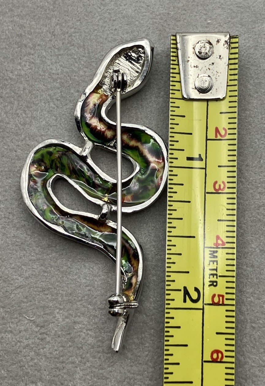Silver Tone Enameled Snake Brooch Rhinestone Head 2.25 Inches