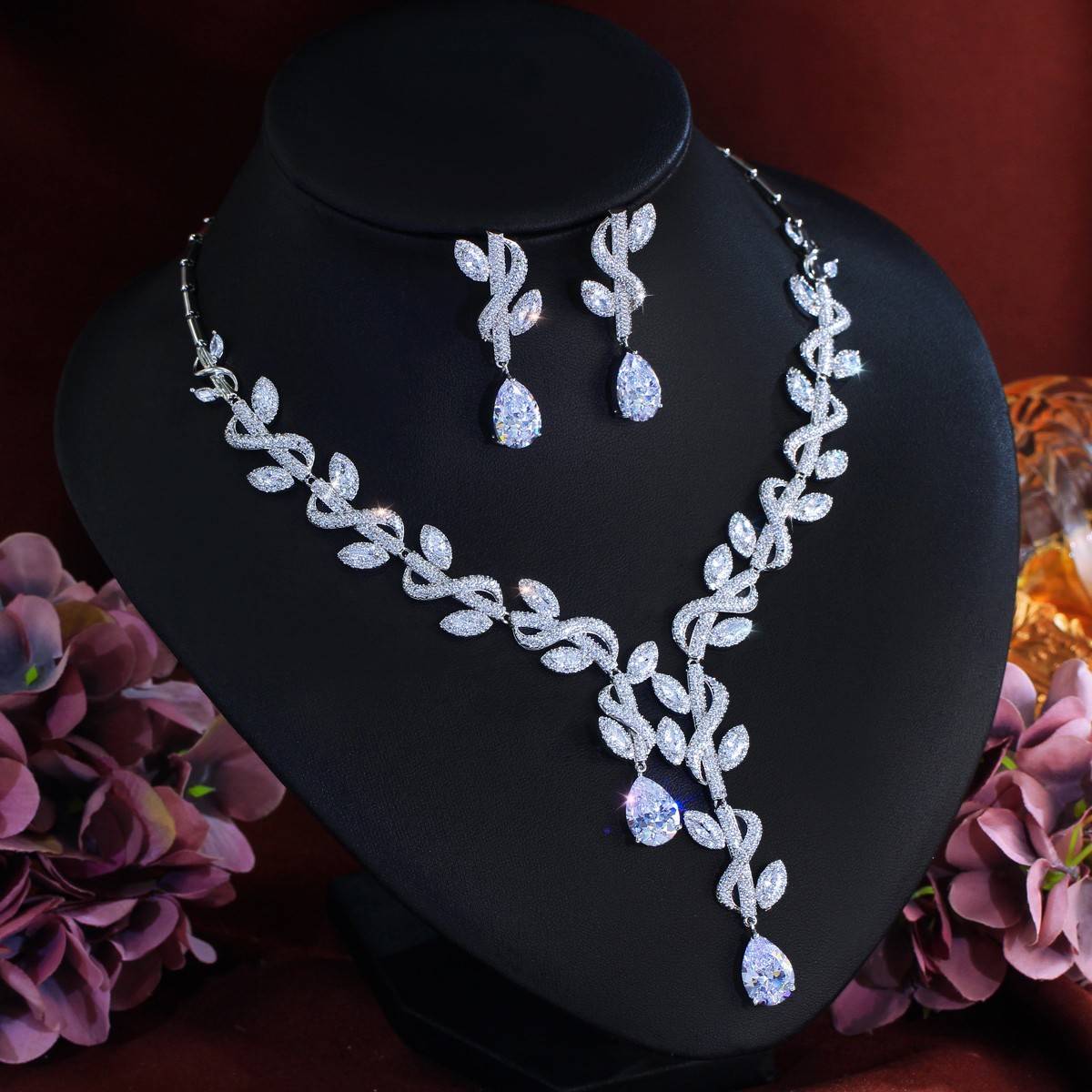 Shiny Silver Plated Leaf Drop CZ Necklace Earrings Jewelry Set for Women Costume