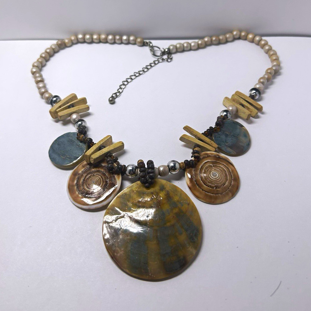 Beaded Shell Statement Pendant Necklace Multicolor Adjustable Boho Nautical