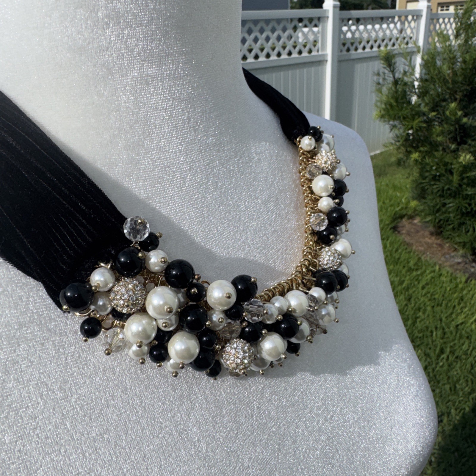 Talbots Black Velvet Gold Tone Faux Pearl CZ Beaded Cluster Necklace 21″ NWT