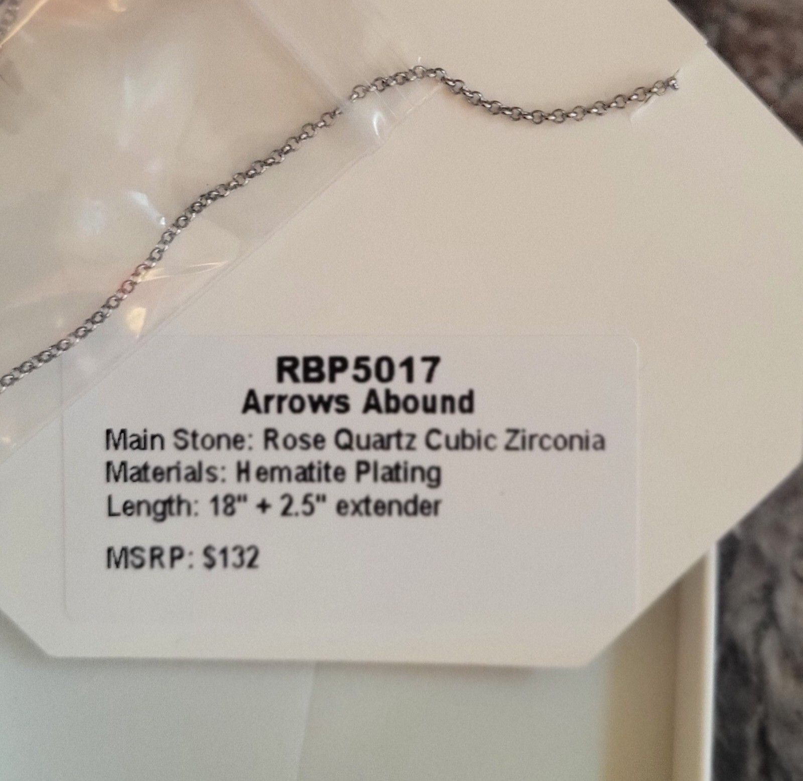 Bomb Party Necklace RBP5017 “Arrows Abound” Rose Quartz CZ on Hematite Plating