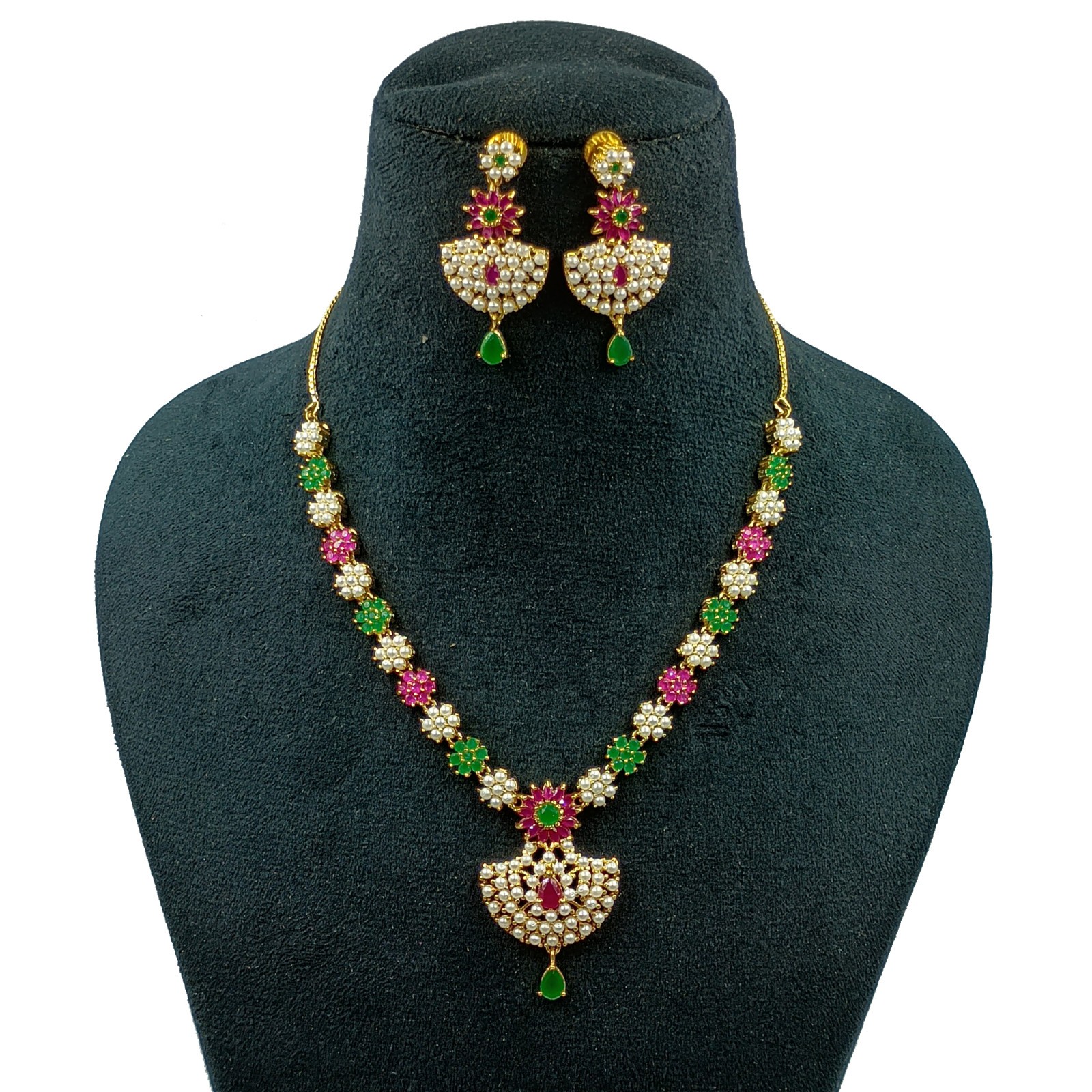 Ethnic 22K Gold Plated Kemp Ruby Emerald & Pearl Necklace Jewelry For Women