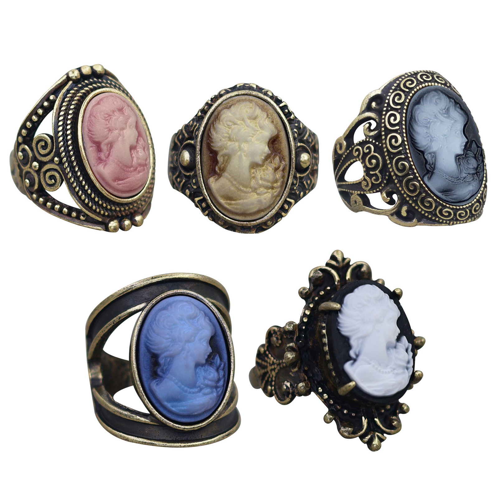 10pcs Vintage Cameo Rings Bulk Antique Bronze Plated Lady Cameo Assorted Jewelry