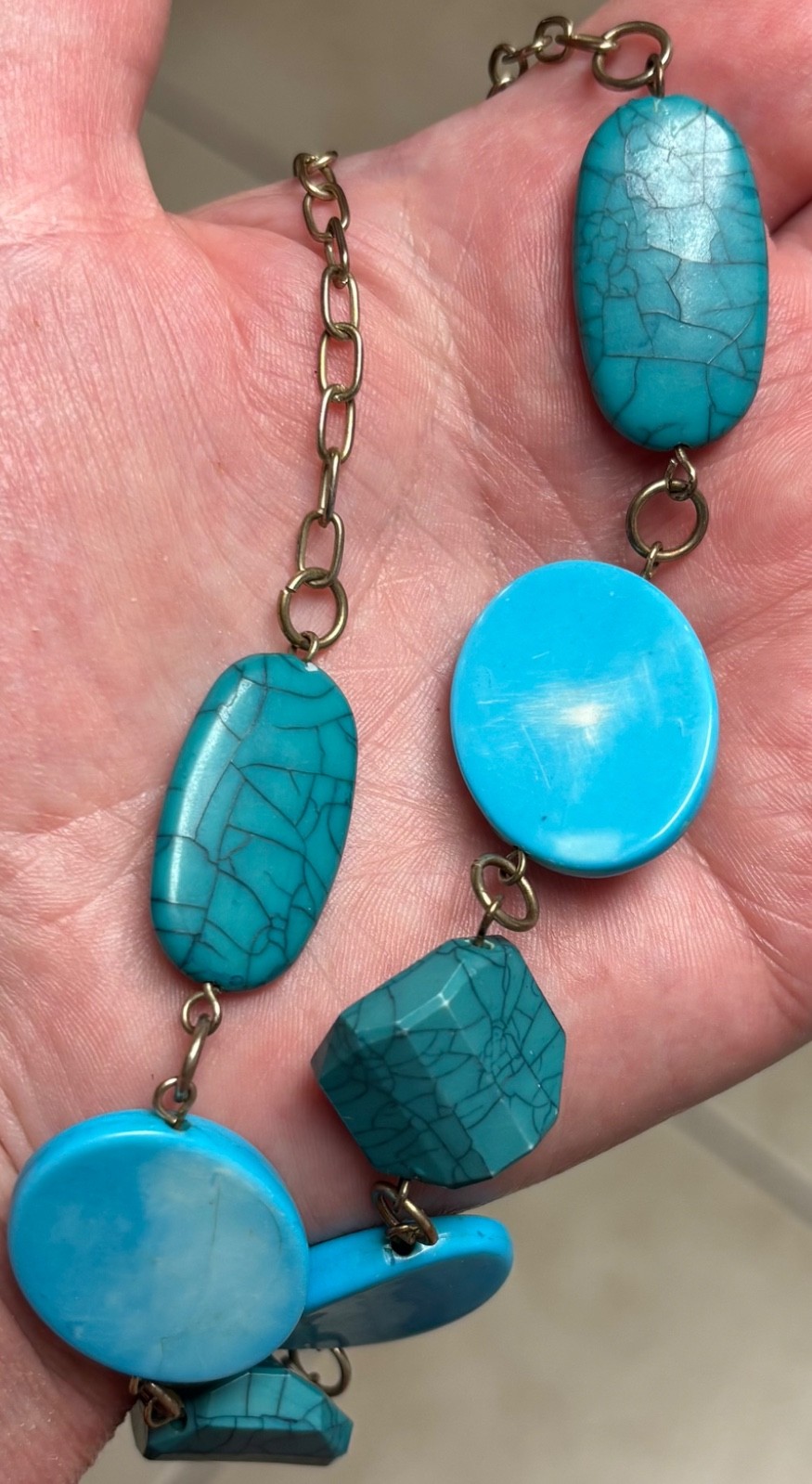 Faux Turquoise Necklace Various Shapped Blue/Green Beads 21”
