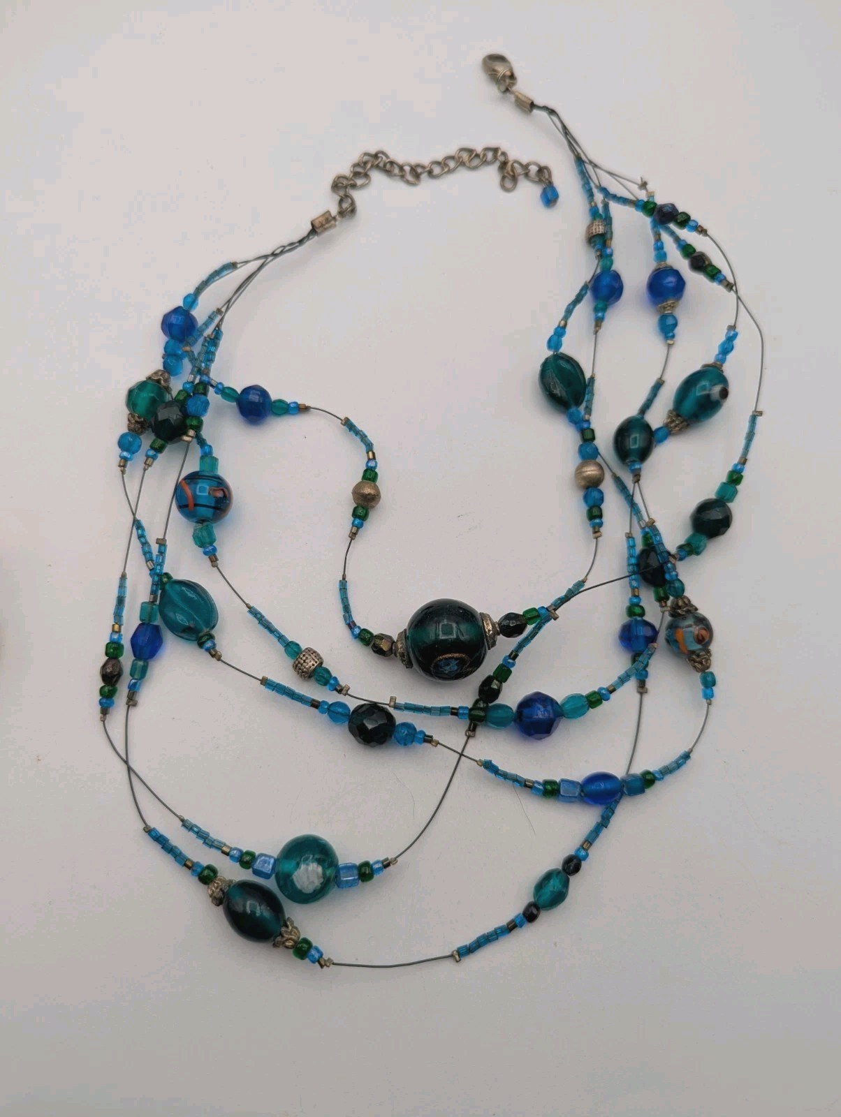 Glass & Plastic 5 Strand Beaded Necklace Blue Green Silver Tone