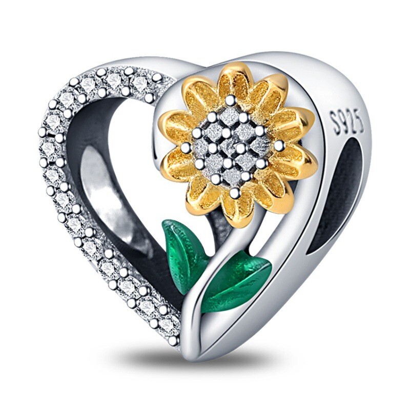 KUNSIR 925 Sterling Silver Charm Bracelet Heart Charm Flower Bead DIY Charm Gift