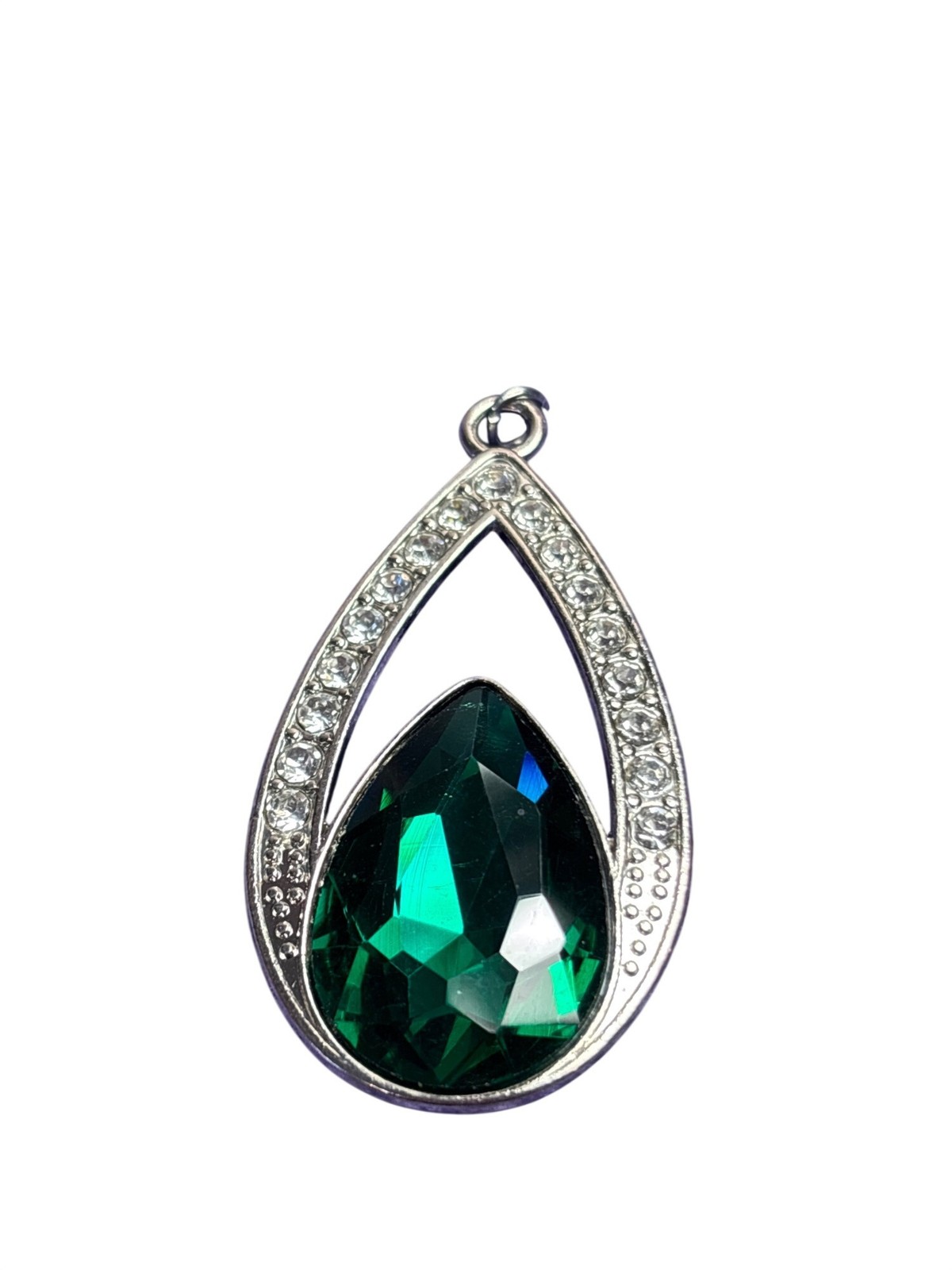Silvertone Teardrop Pendant Green and Clear Rhinestones 2.25 inches