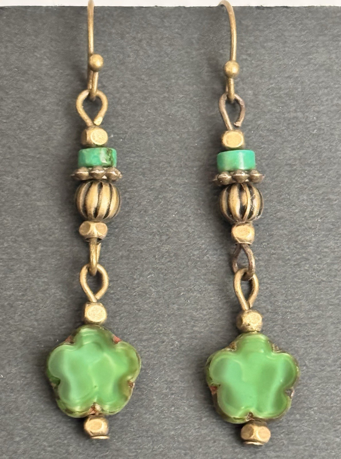 Bronze and Silky Green Picasso Flower Dangle Earrings. Boho Chic.
