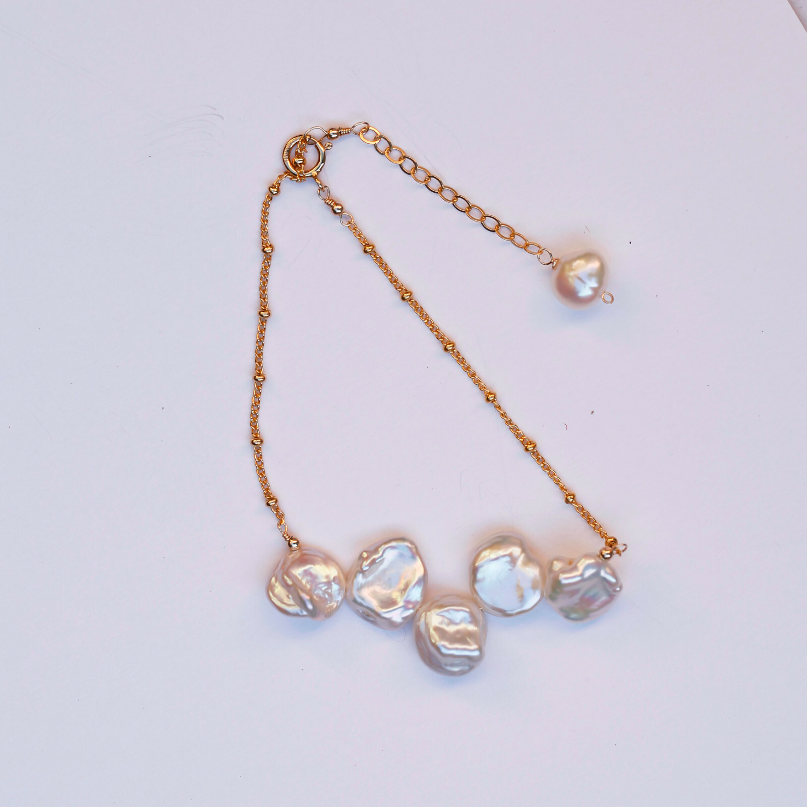 B19 Lovely High luster White Baroque freshwater Pearl 14KGF18+5cm Bracelet
