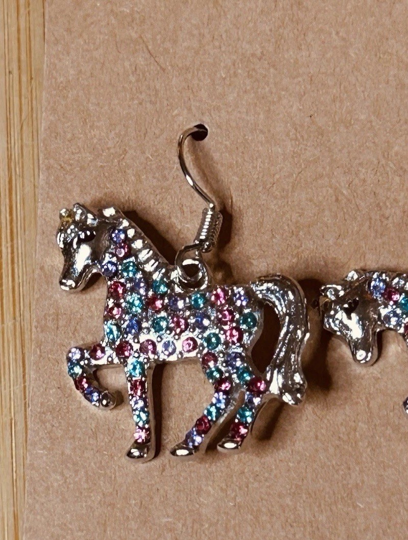 Colorful Pave Multicolor Crystal Running Horse Earrings Hook Dangle 1.25”