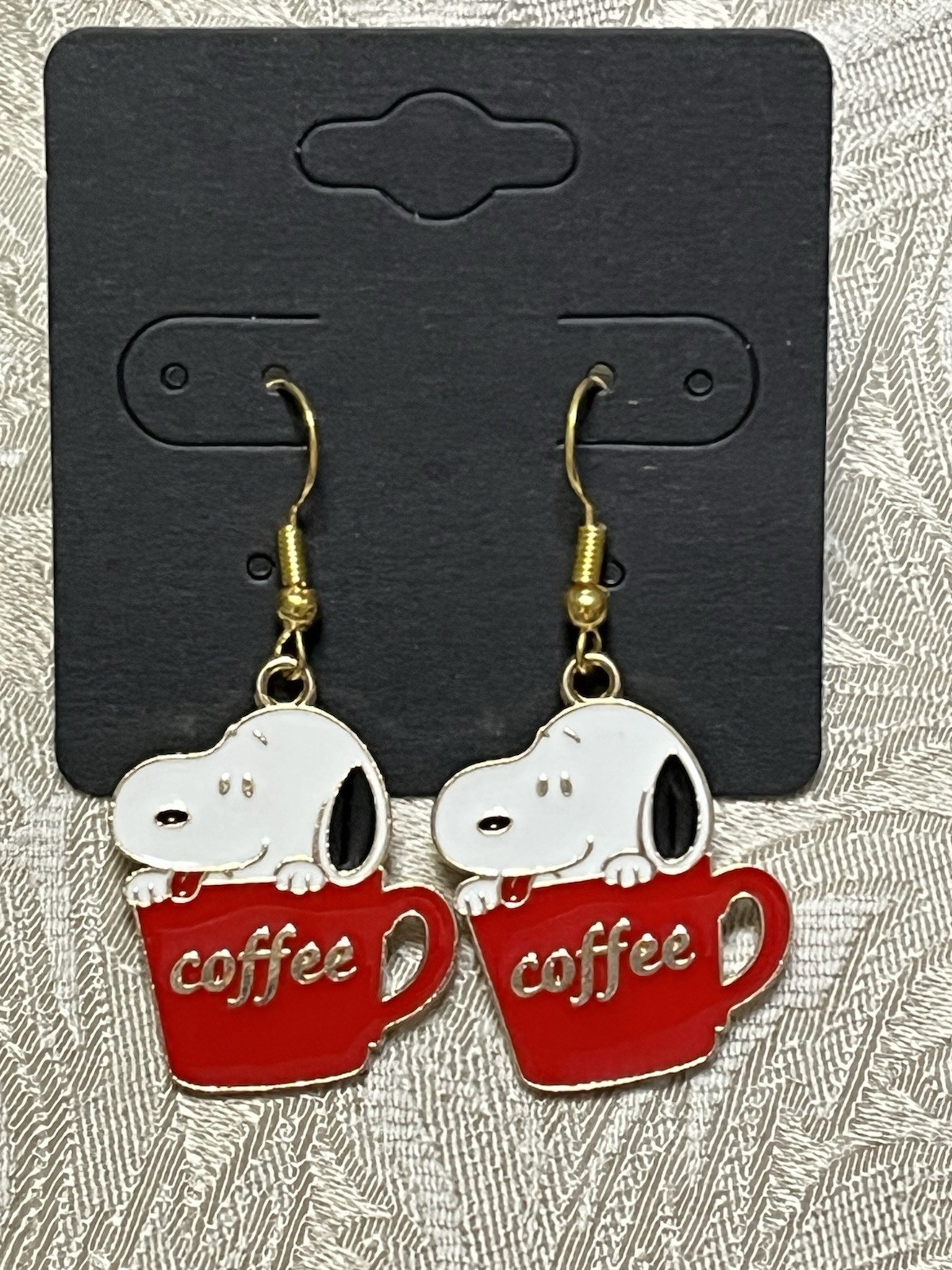 Snoopy Coffee Gold Loop Enamel Drop Dangle Adorable Boho Trendy Earring Set