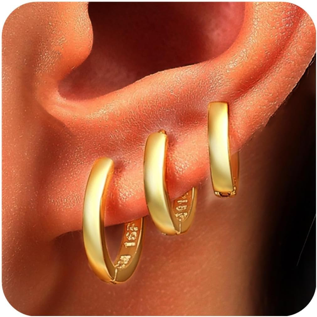 3 Pairs 14K Gold Plated Huggie Hoop Earrings Set for Women or Men Lightweight Hy