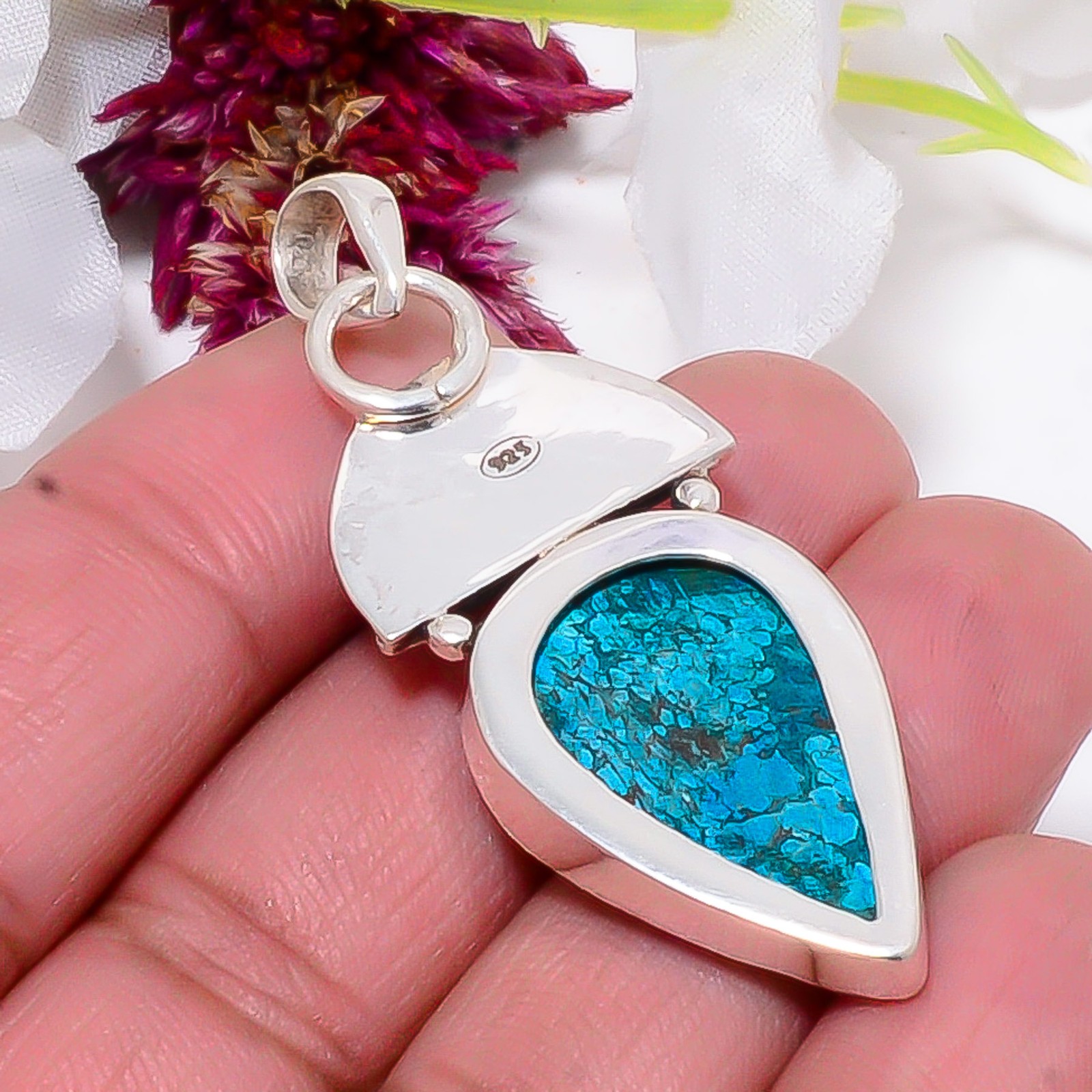Turquoise & Rainbow Moonstone – India 925 Sterling Silver Pendant 2.11″ Sku21