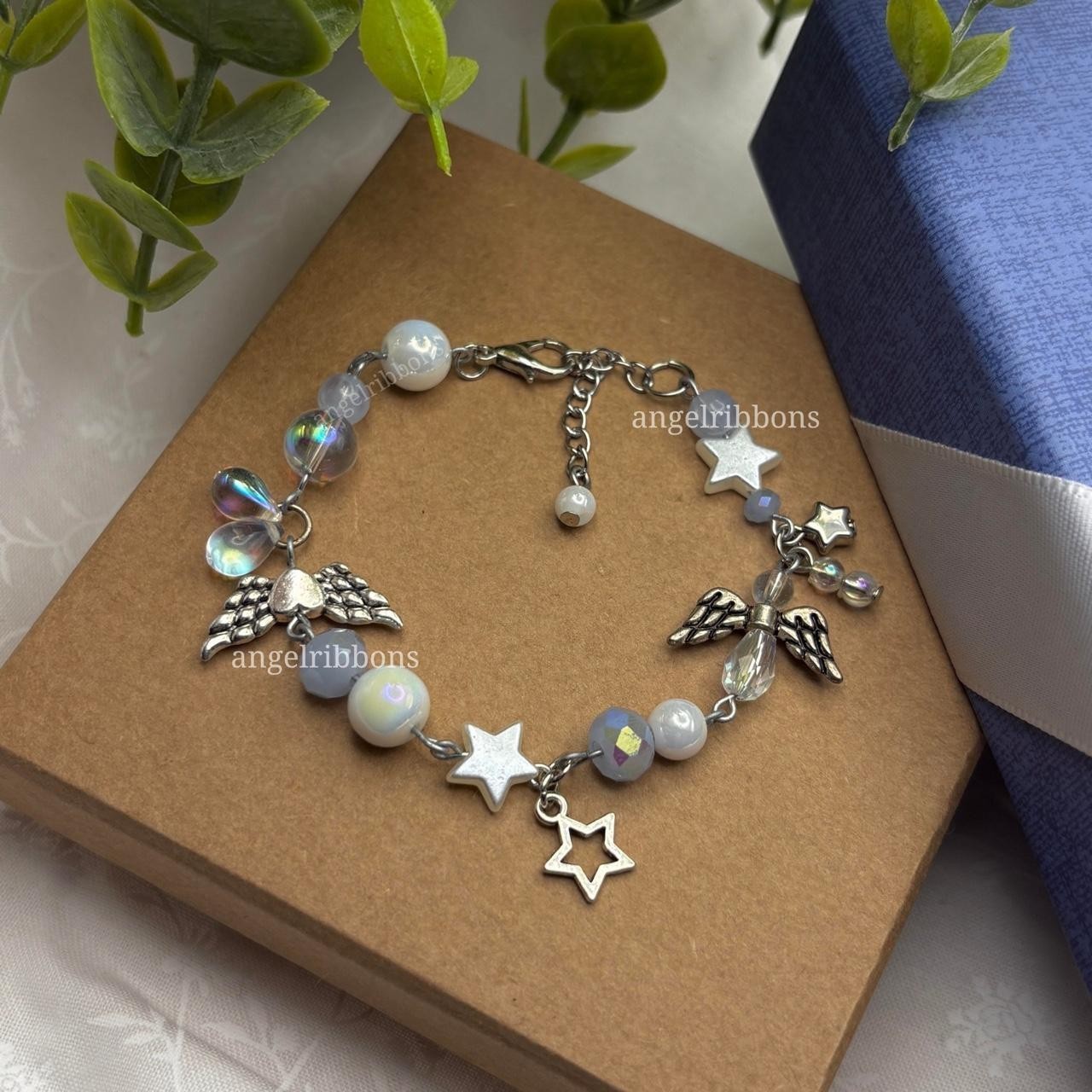 Y2K Angel Wings Charm Bracelet Fairycore Blue Iridescent Beaded Star Silver Gift