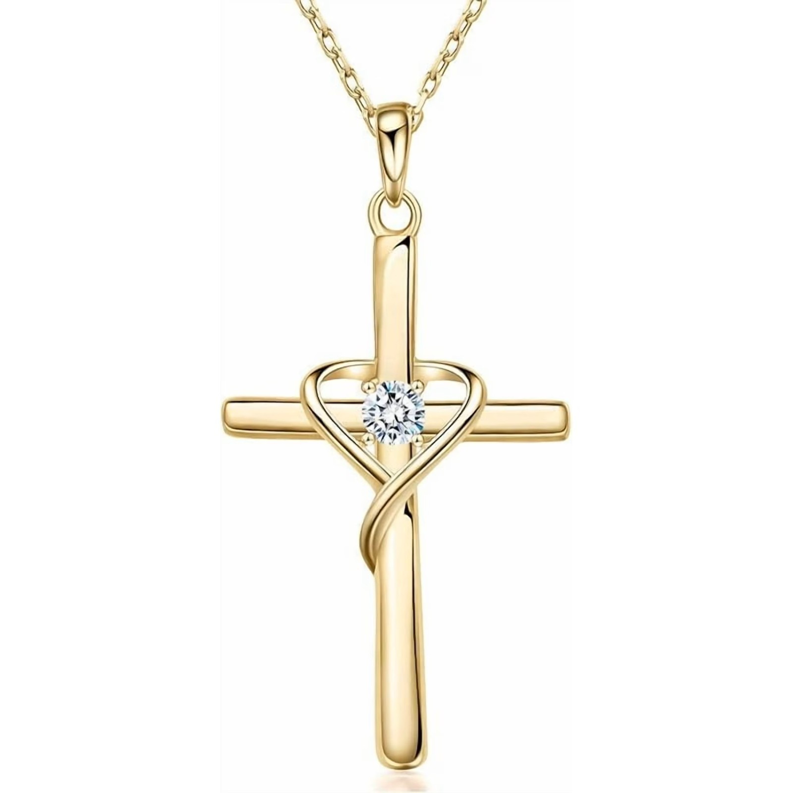 Gold Faith Cross Heart Necklace Crystal Pendant Inspirational Christian Jewelry