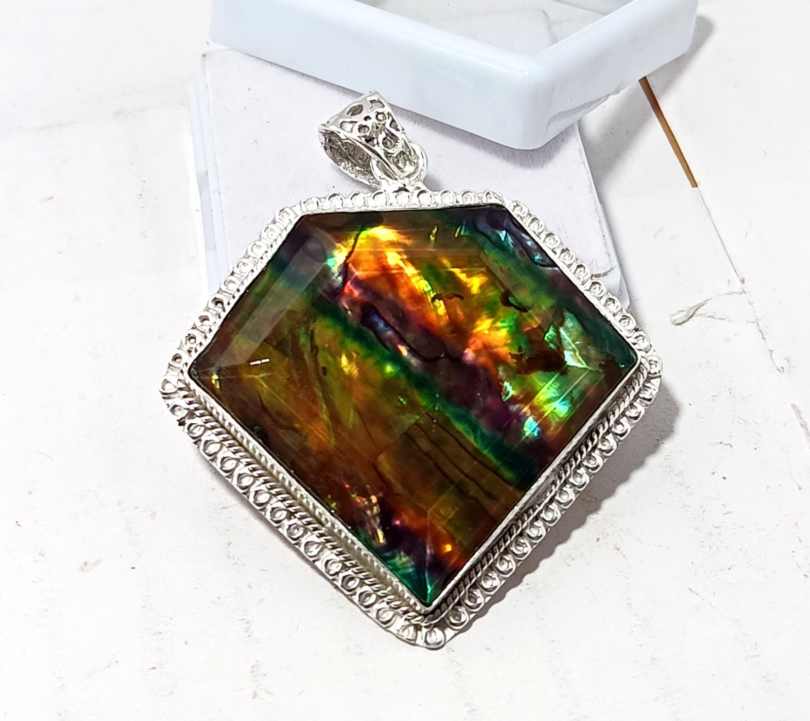 107.50 Ct Natural Ammolite 925 Solid Silver Rainbow PENDANT Certified Gemstone