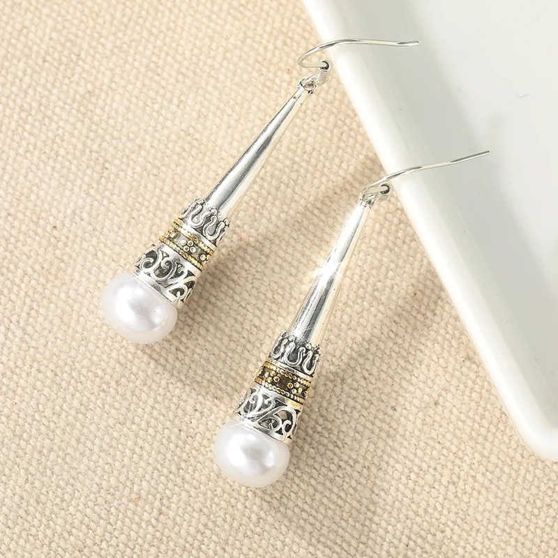 Women’s Vintage Silver Plated Imitation Pearl Long Drop Dangle Earrings