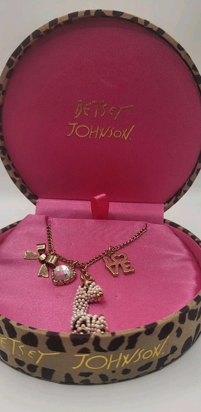 RARE Betsey Johnson Beaded Llama Love Crystal Heart Bows Necklace Satin Box NWT