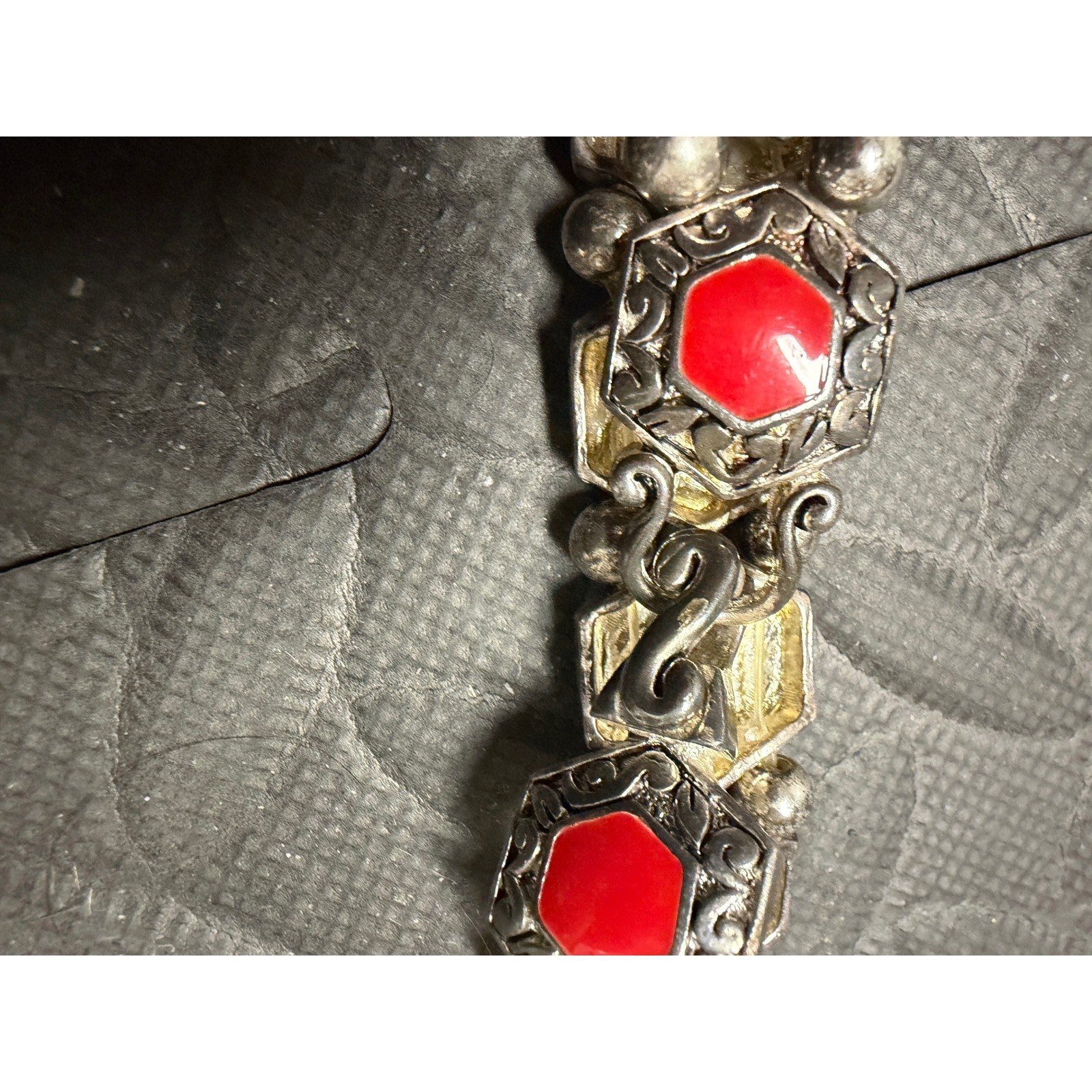 Premier Designs Link Bracelet Enamel Hexagon Silver Stone Engraved Jewelry Gift