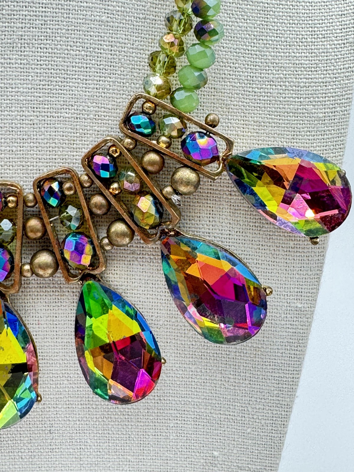 Aurora Borealis Chunky Statement Bib Necklace Beaded Teardrop 15in Rainbow
