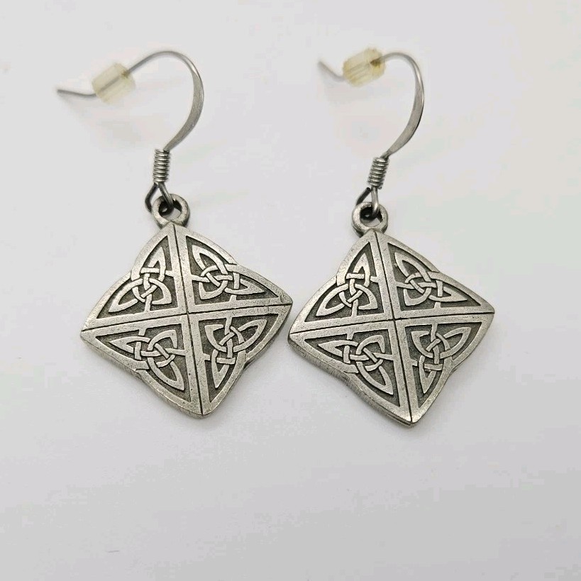 Danforth Earrings Fine Pewter Usa Pierced Dangle Celtic Cross 1.5 in Vintage