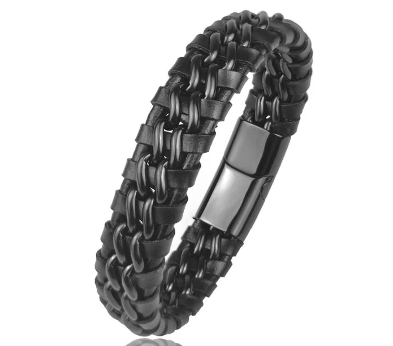 Men’s black braided leather stainless steel chain bracelet, magnetic cla…22cm