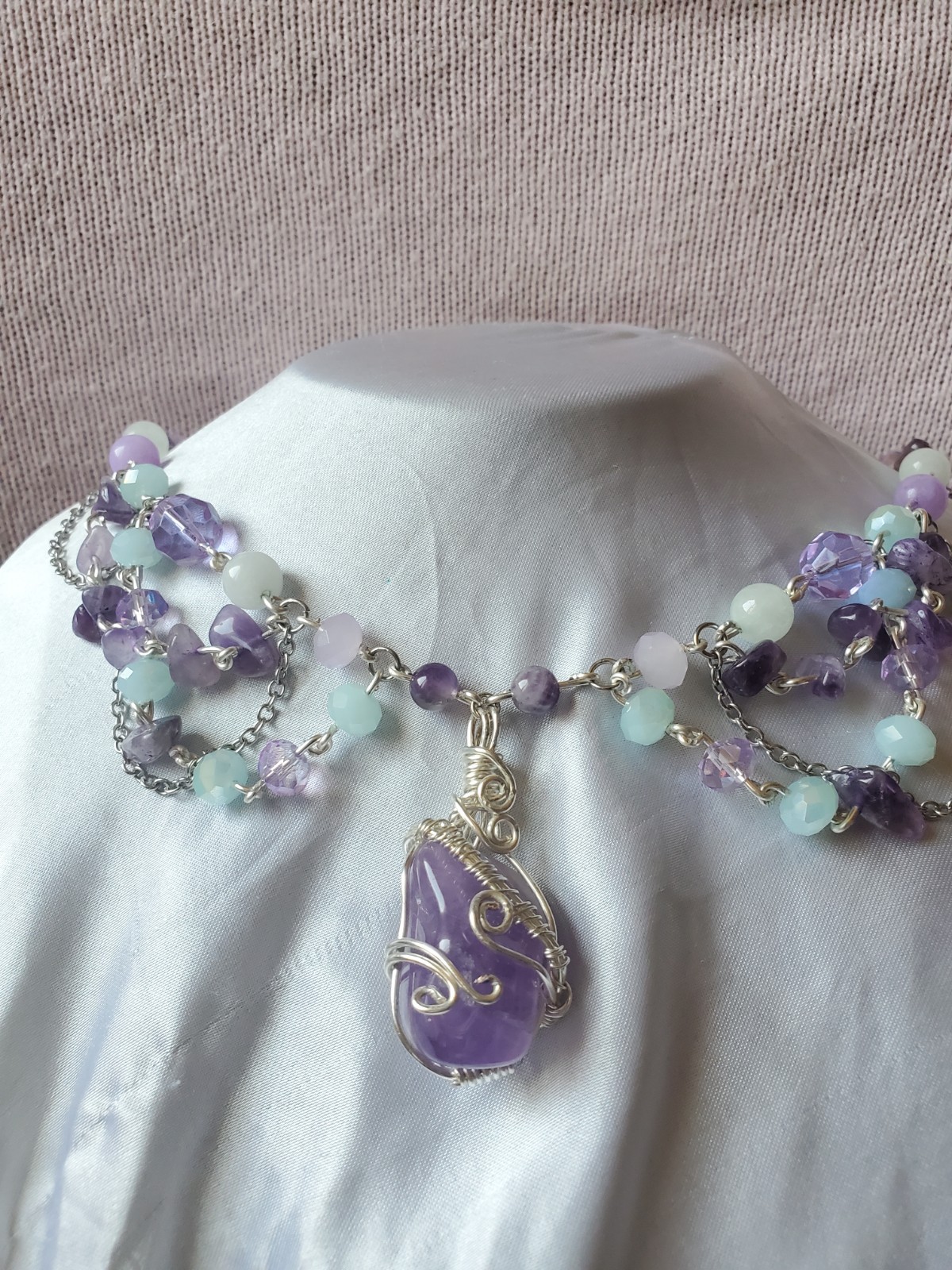 Silver wire wrapped amethyst stone beaded necklace