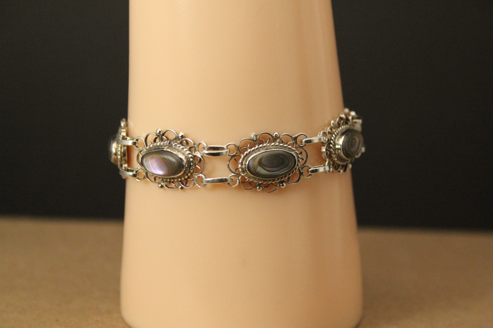 Paua Shell Ornate Link 925 Sterling Silver Bracelet 6.5″ 11.8 Grams (BR5349)