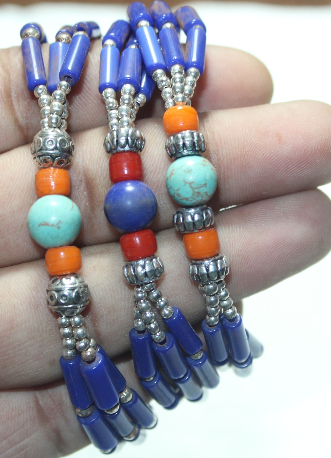 Tibetan Turquoise Amber Coral Lapis Gemstone Handmade Nepali Bracelet Size 7.8In