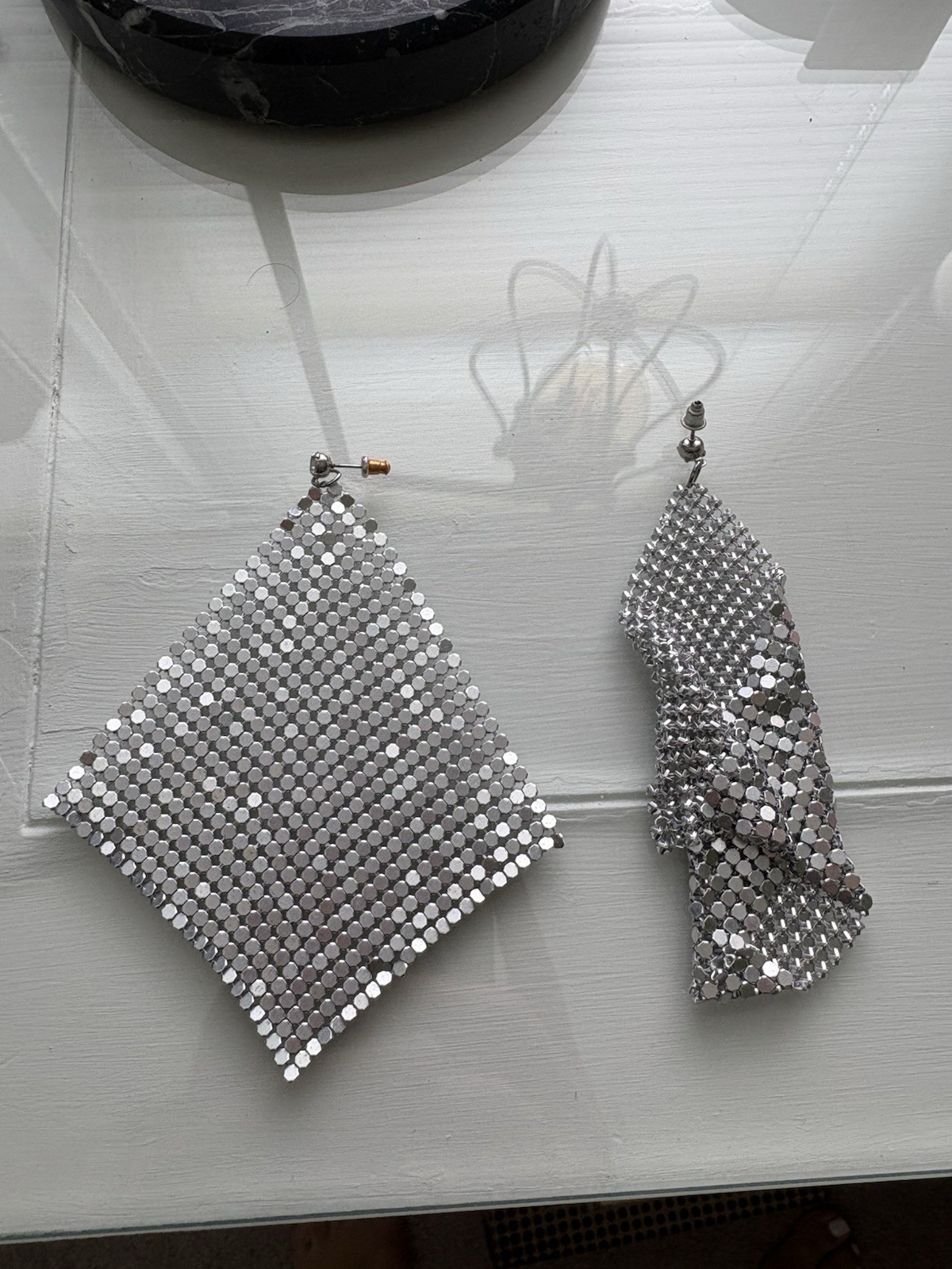Silver Tone Sequin Mesh Dangle Drop Earrings, Hook Closure