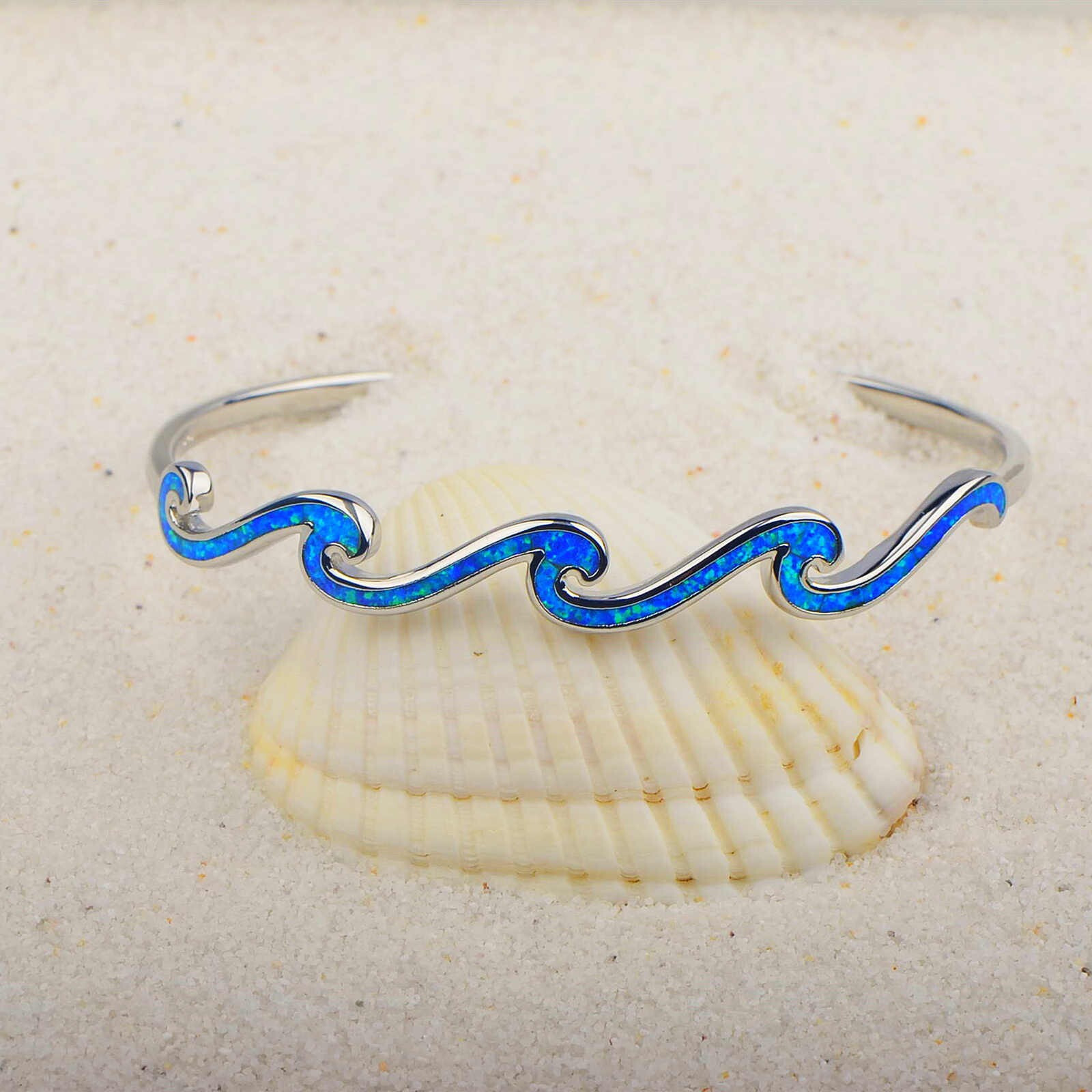 Blue Opal MultilayWaves Cuff Bangles 925 Sterling Sliver Jewelry For Women Girls