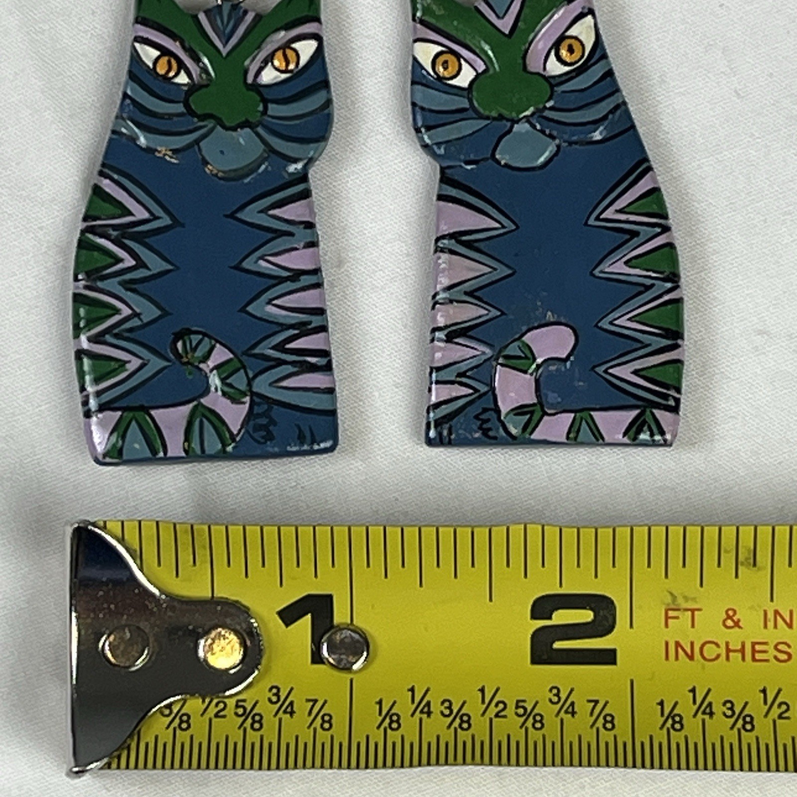 Vintage Wood Cat Earrings Hand Painted Wire Dangle Folk Art Laurel Burch Style