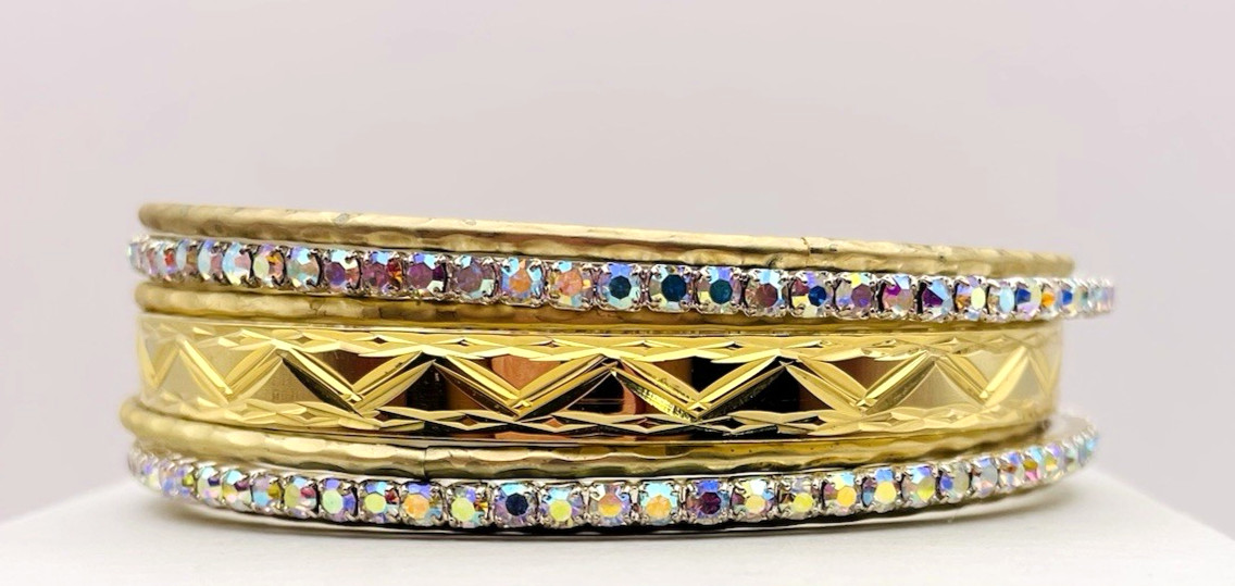 Gold And Silver Tone 7 Stackable Bangle Bracelets AB Rhinestones Engraved