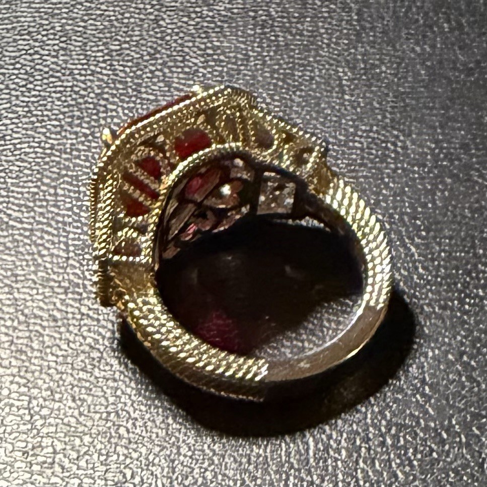 Judith Ripka Lab Ruby, Pink CZ Trapezoid sides, & pave CZ Celebration Ring, Sz 6