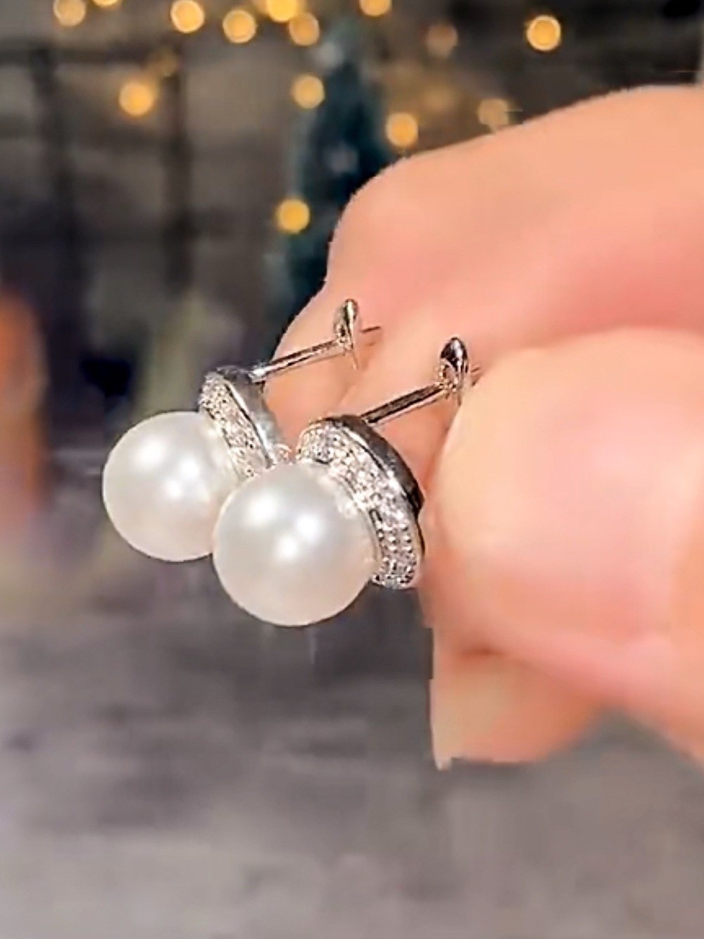 Pearl Leverback Earrings CZ Accent Halo Silver Tone Elegant Pearl Earrings