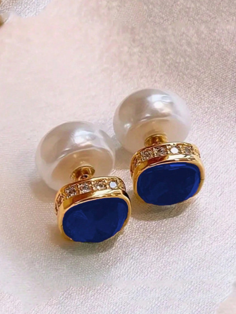 Double sided pearl blue crystal square earrings