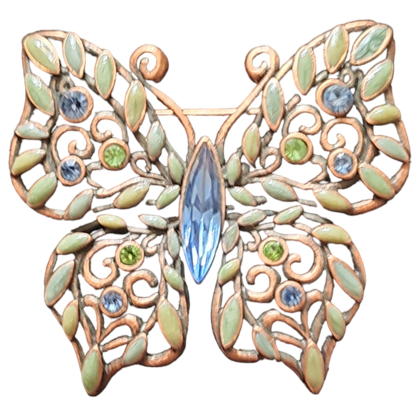 Vintage Copper Butterfly Blue Green Crystals Enameled Brooch