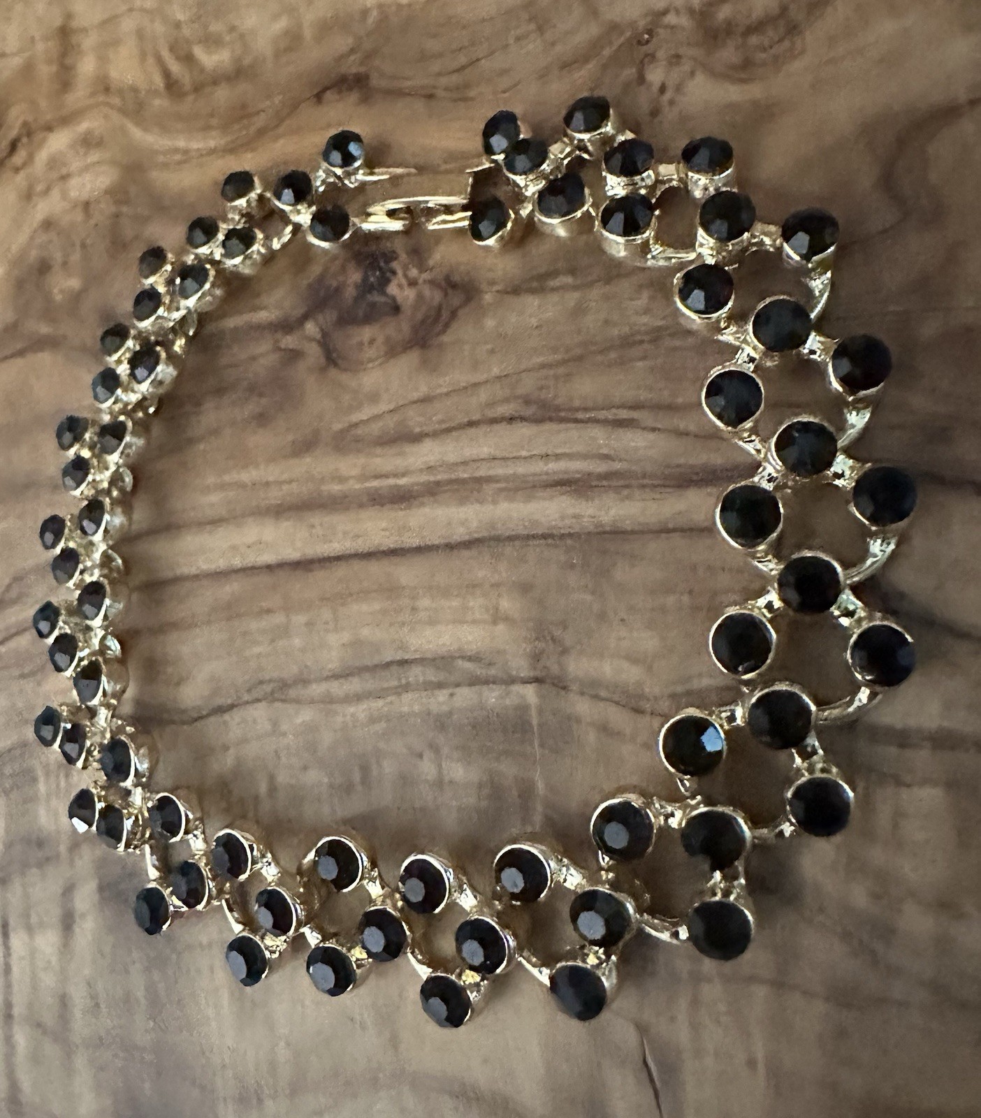 Gold Tone 3 Row Black Faceted Tennis Bracelet 7.5” Push Lock