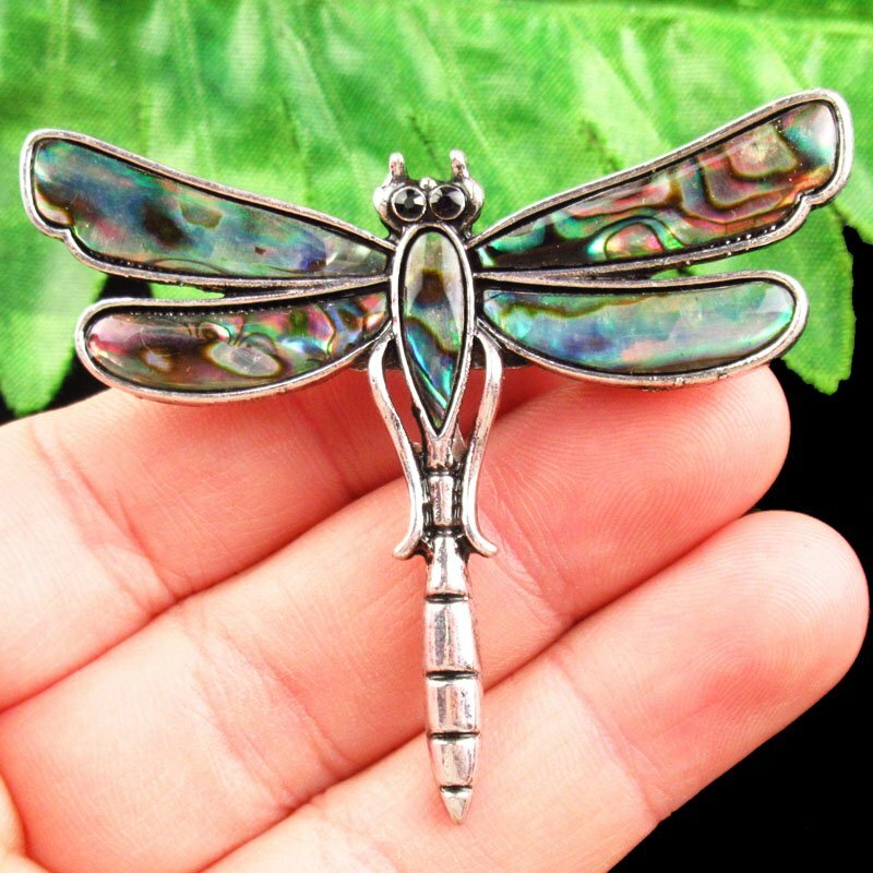Wrapped Rainbow Abalone Shell Tibetan Silver Dragonfly Brooch Pendant Q07874