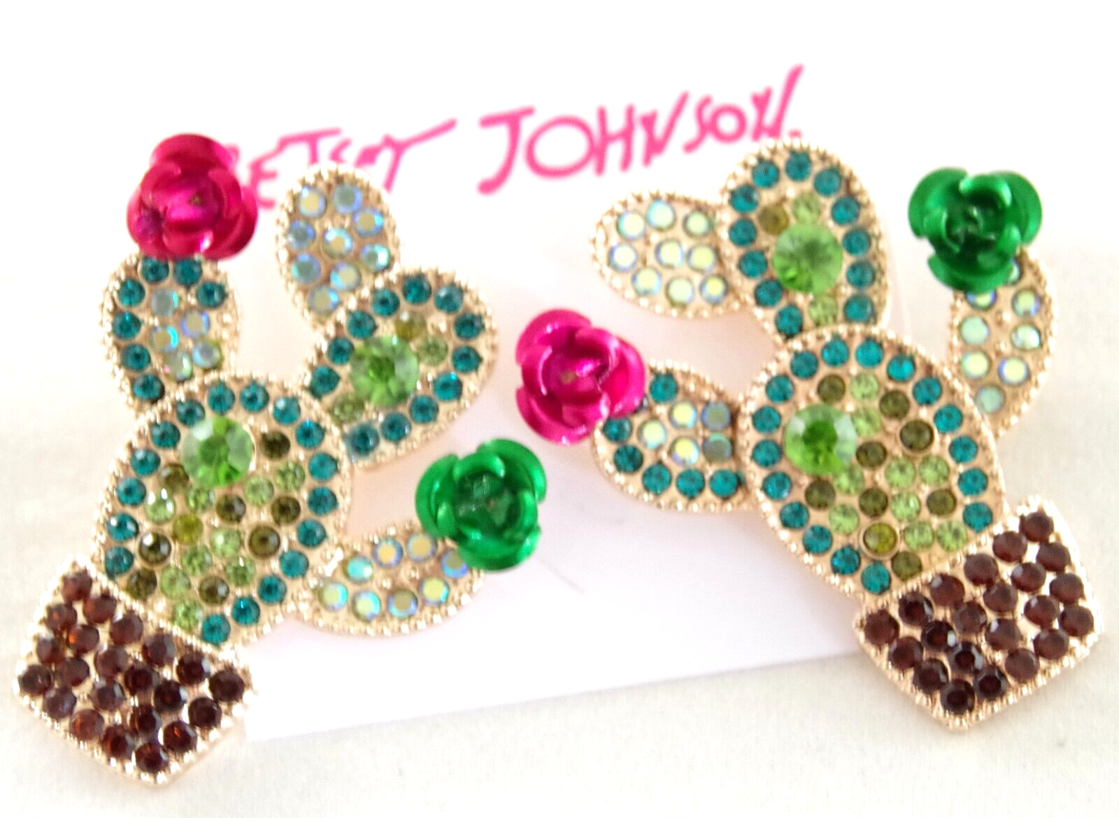 1.75″ BETSEY JOHNSON CRYSTAL RHINESTONE CACTI w 3D METAL CACTUS FLOWERS EARRINGS