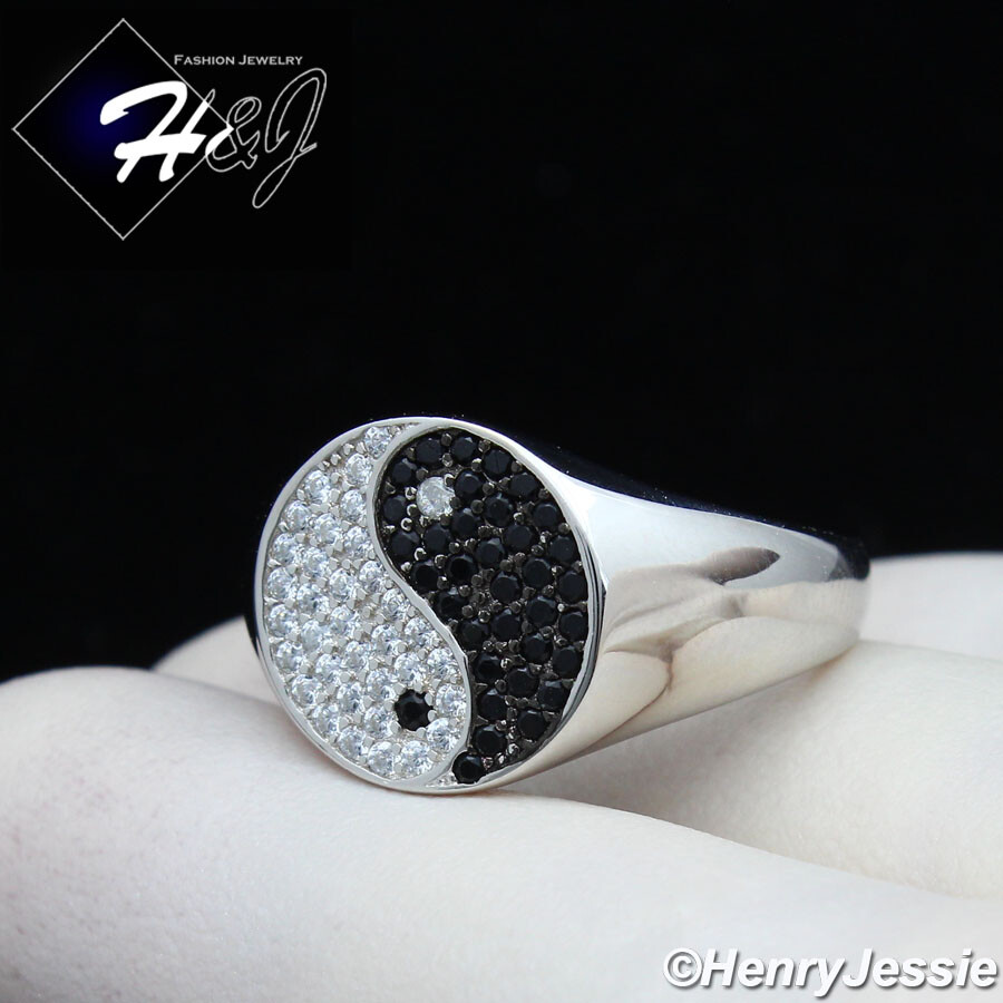 MEN 925 STERLING SILVER ICY BLING CZ YIN YANG TAIJI DIAGRAM ROUND RING*SR181