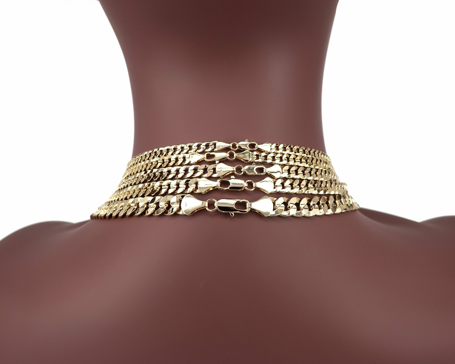 Concave Cuban link Chain Necklace Bracelet 5mm to 10mm Yellow 14K Gold Plated