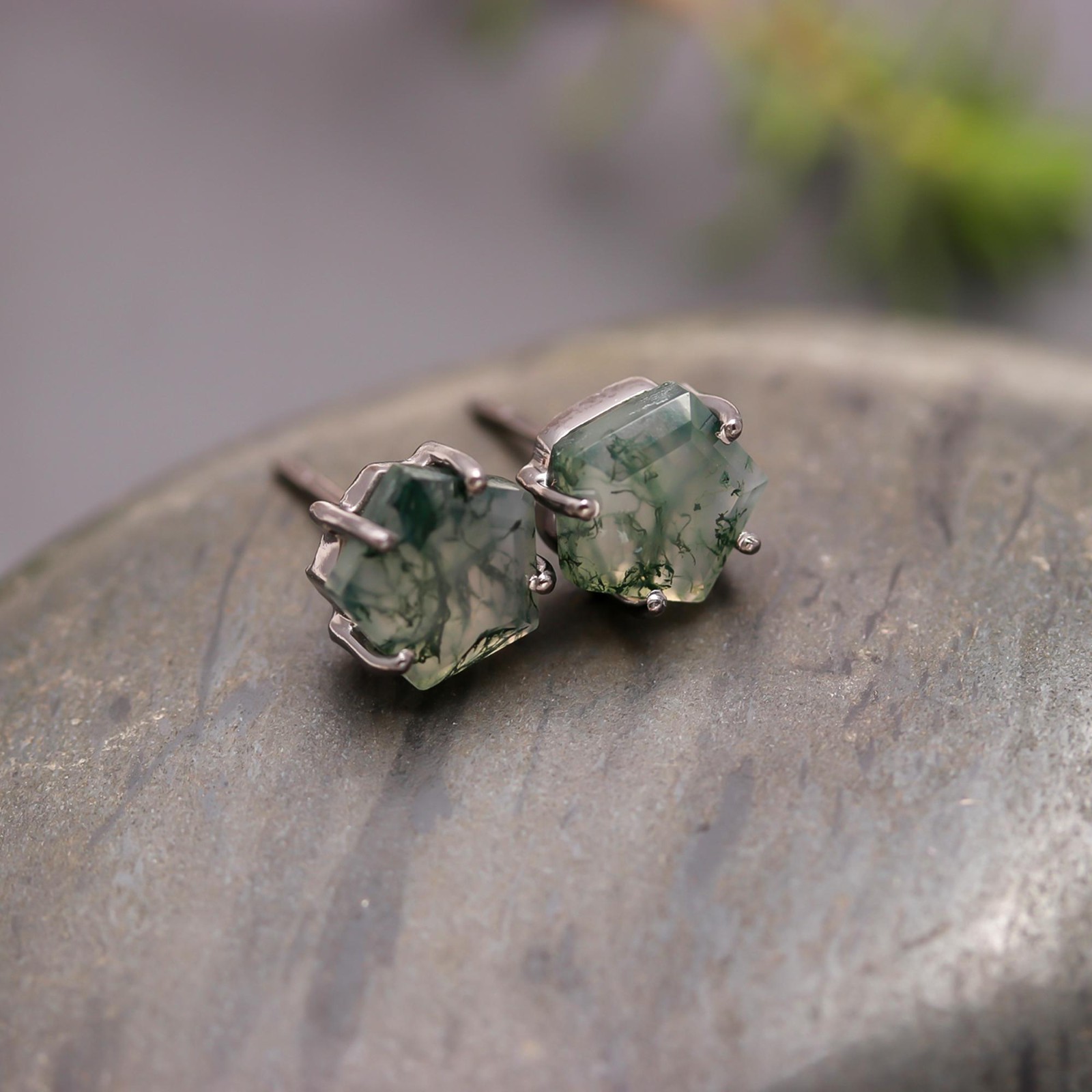 100% Natural Moss Agate Pentagon Stud Earrings Solid Silver Oxidized Jewelry
