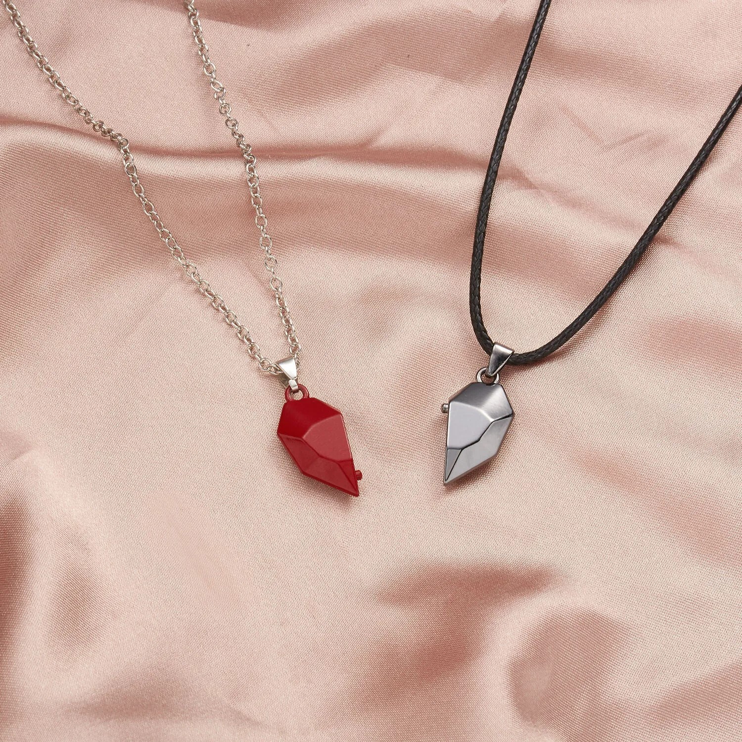 Heart Magnet Necklace Set for Couple – Black w/ Red, Great Gift, Anniversary