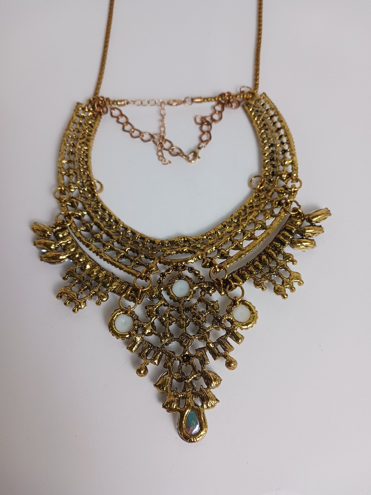 Gorgeous Brass Tone Statement Necklace Faux Pearl And Cubic Zirconia Chocker