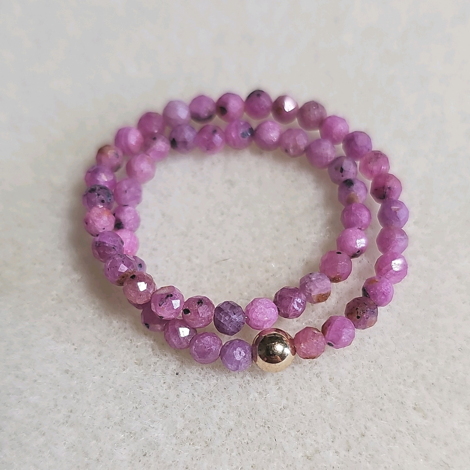 Faceted Ruby Beads Bracelet Round Beads with 10kt Gold Spacer Bead Stretchy