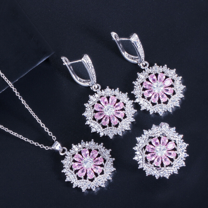 Pretty Flower Pendant Necklace Earrings Ring Set Silver Plated Women CZ Jewelry