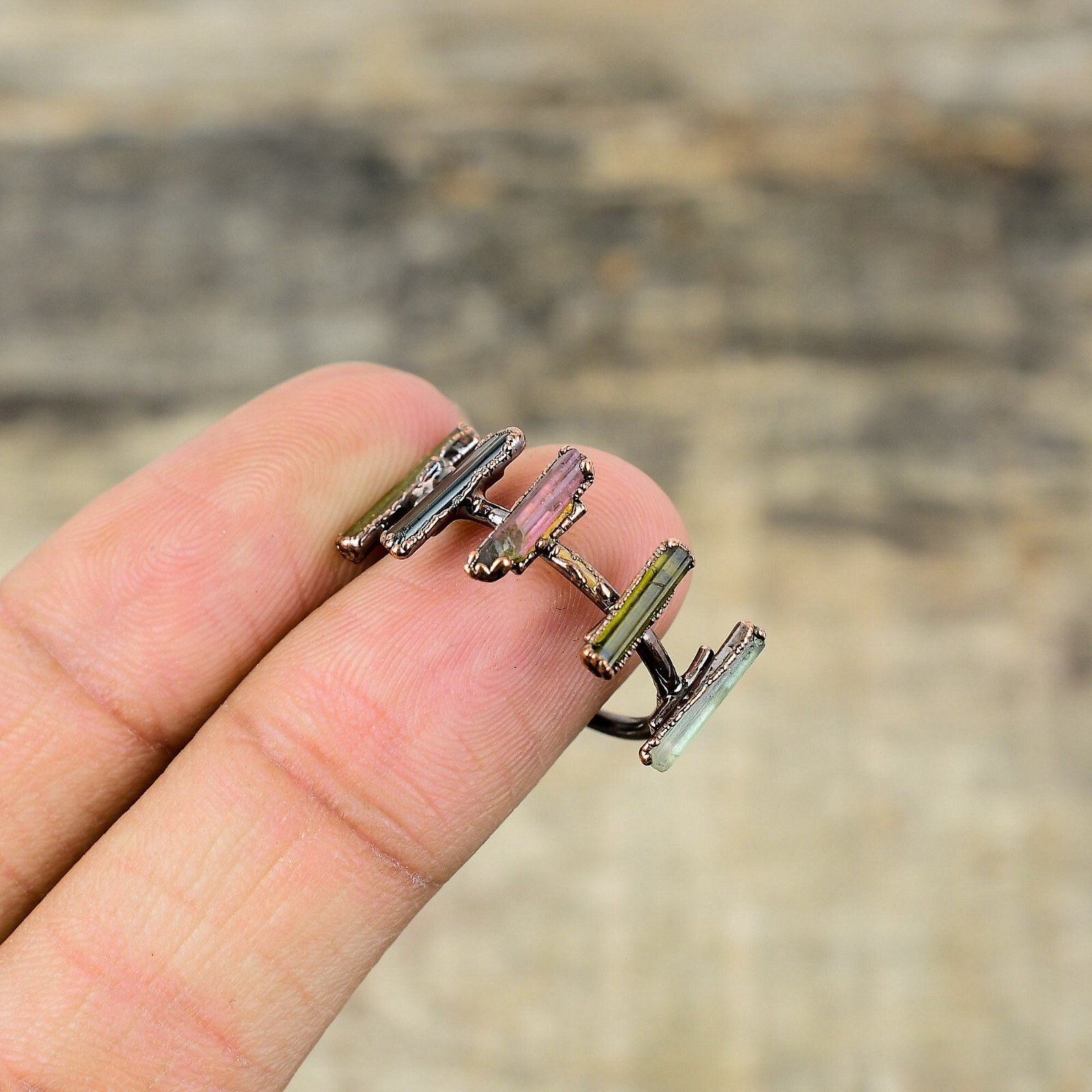 Multi Tourmaline Rough Electroformed Adjustable Ring Size Adjustable Copper