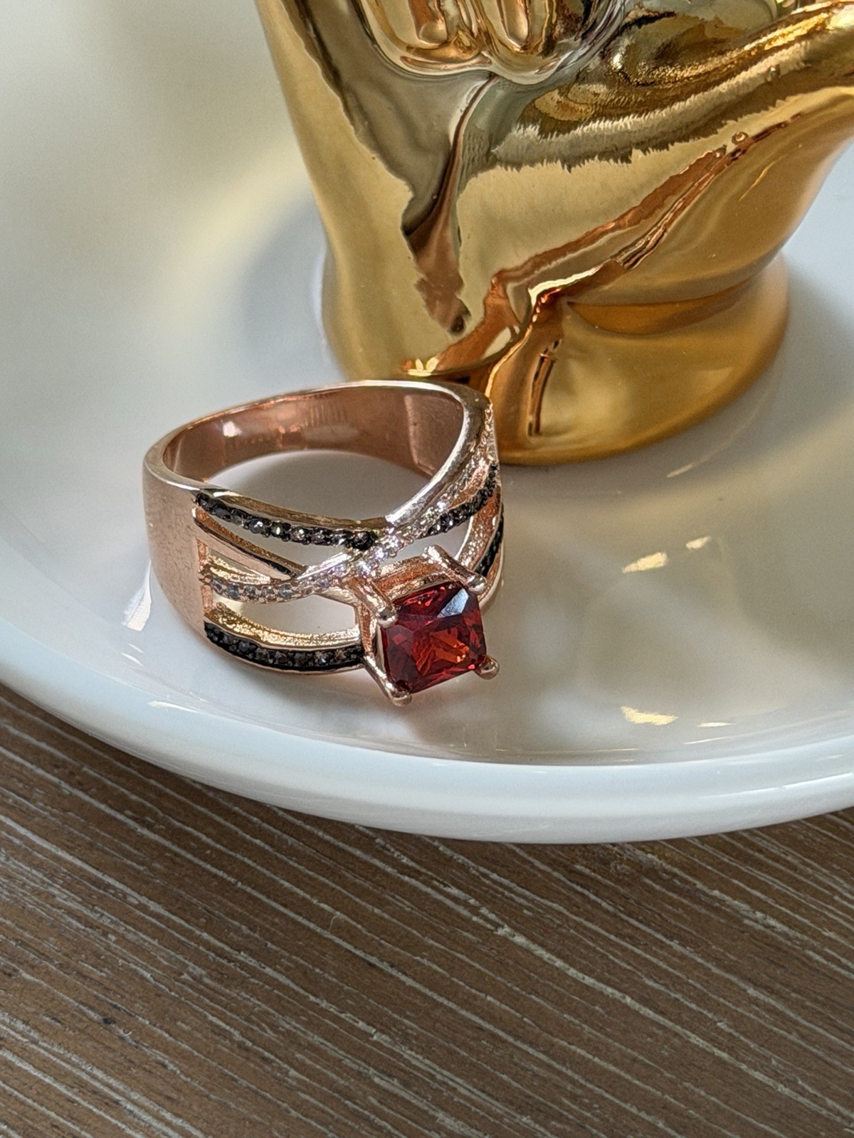 Rose Gold Plated Band Ring Size 8 Red Square CZ Prong Set Clear CZ Accents