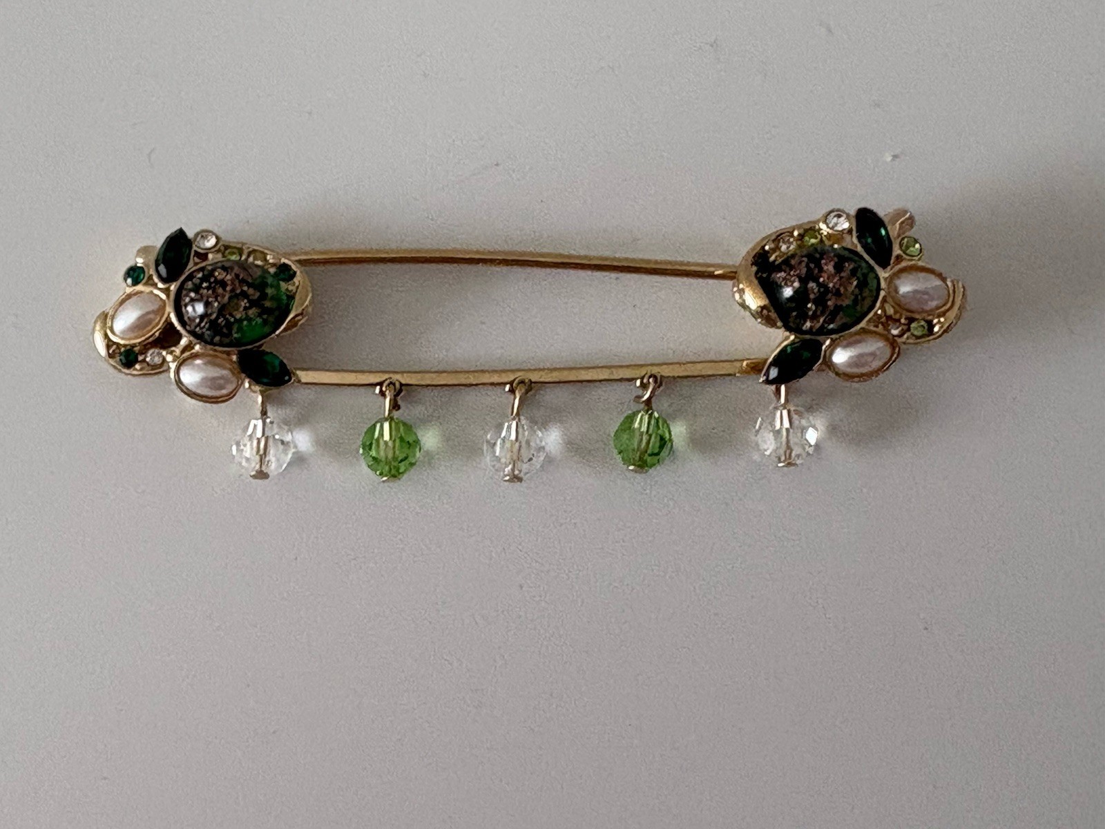 Safety Pin Brooch Faux Pearl Clear Green Rhinestones Dangle Gold Tone 3.5 inches